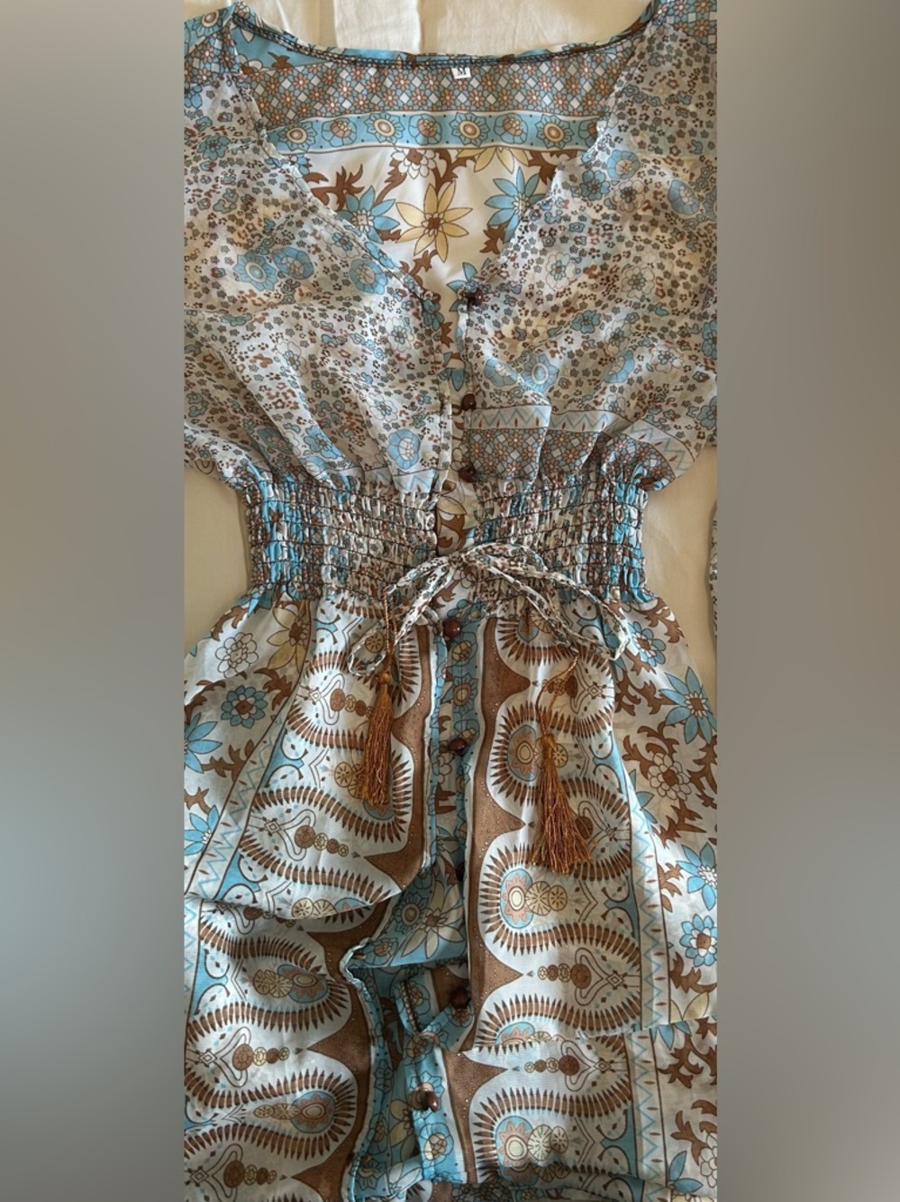 Boho V-Neck Floral Maxi Dress in Blue and Brown - Picture 9 of 10